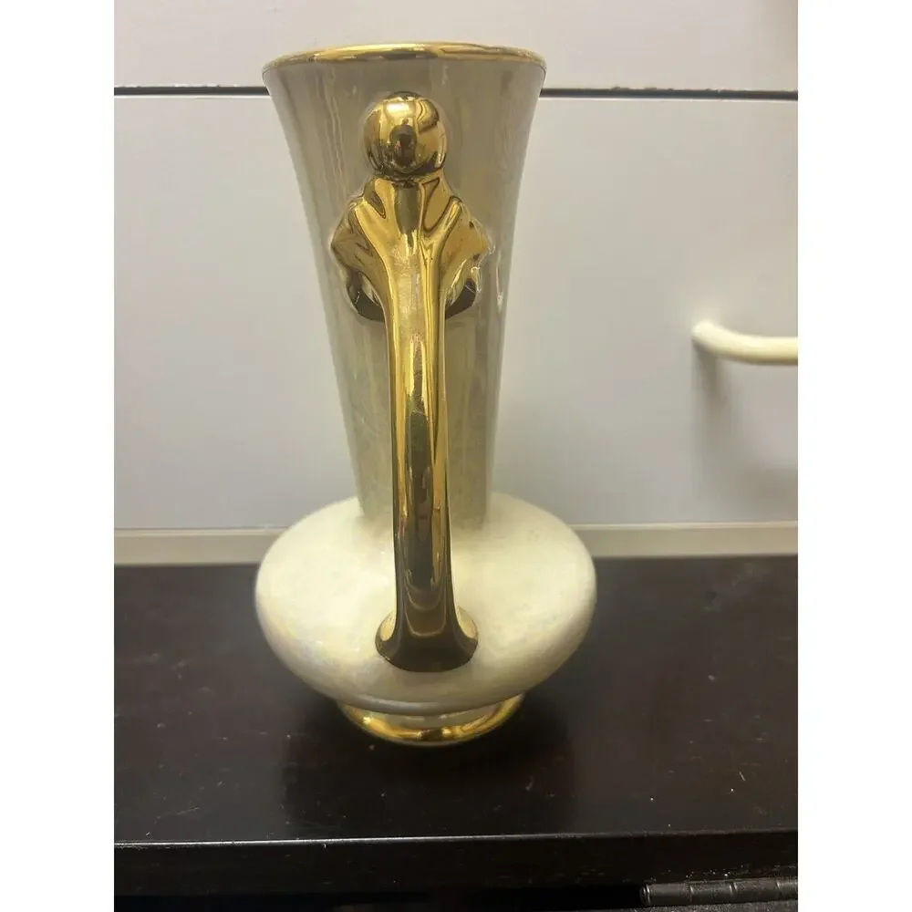 Antique Iridescent Hand Painted Vase beautiful‎ gold 22k asymmetrical handles